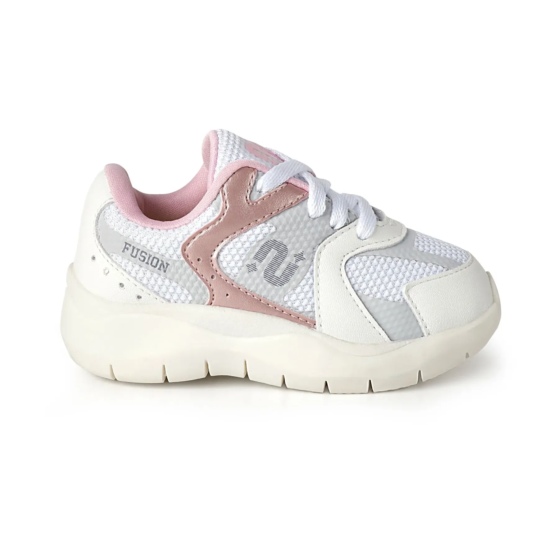 Tênis infantil branco com detalhes rosa, fechamento em cadarço, sola branca com relevo e design moderno